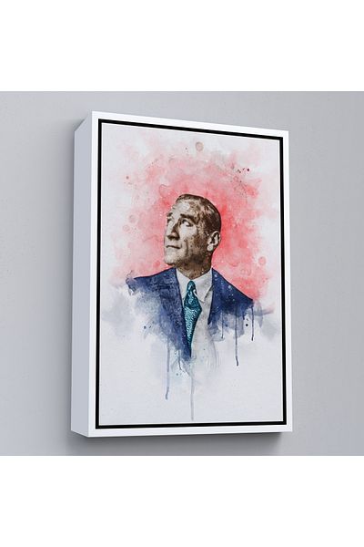 Harita Sepeti Portret în acuarelă Mustafa Kemal Atatürk cu cadru alb, pictură decorativă pe pânză