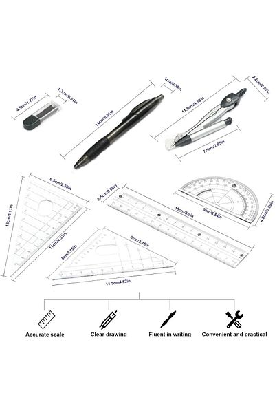 erorex 8 Pcs Compass Rulers Set，Geometry Compass Sets，Geometry Kit，Math Geometry Set Of Student