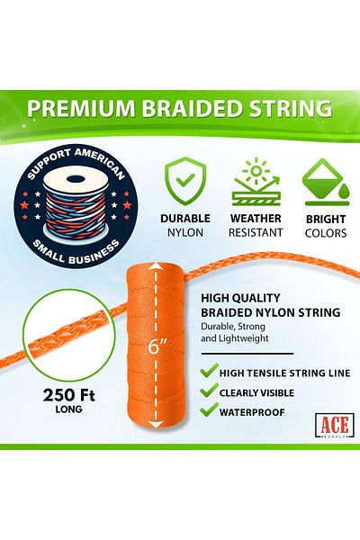 erorex خط خيط Orange Mason Line رقم 18 خيط نايلون مضفر بطول 250 قدمًا من خيوط النايلون للحدائق أو