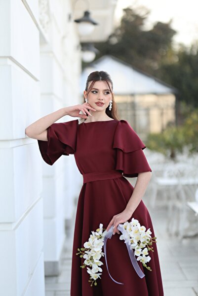 AYŞEYAMAÇLI KADIN BORDO DİANA KAYIK YAKA MİDİ BOY ABİYE ELBİSE
