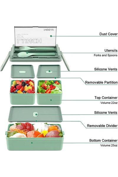 erorex Lunch Box 1400Ml Bento Box With Spoon Fork 2 Layer 3 Compartments Leak Proof Meal Prep Container