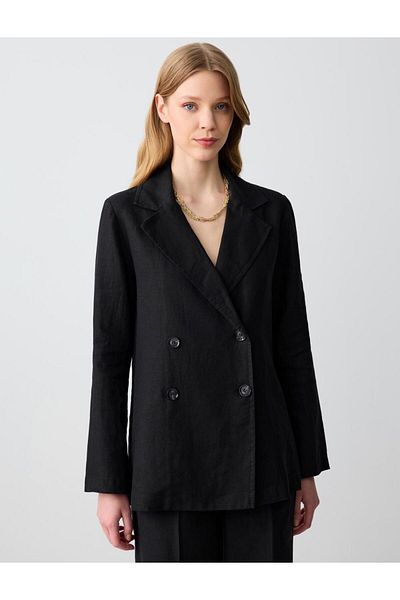 Jimmy Key Black Straight Cut Shirt Collar Long Sleeve Woven Linen Jacket