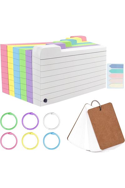 erorex 300 Tabbed Index Cards And 100 White Blank Flash Cards With Binder Rings Colorful 3X5 Ruled Lined
