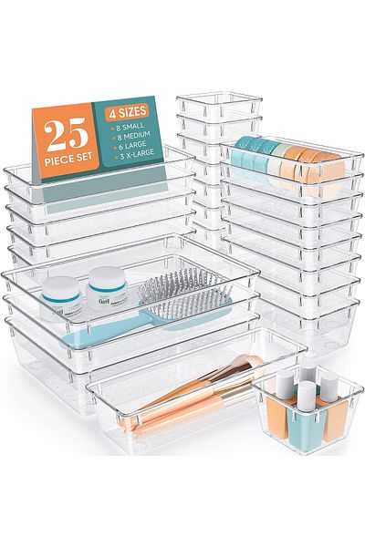 erorex 25 Piece Drawer Organizer Set 4 Sizes Plastic Bedroom Dresser Tray Acrylic Bathroom Storage Box For