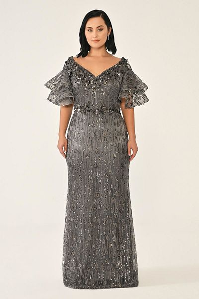 ALFABETA Alpha Beta V Neck Sleeves Flounced Sequin Long Evening Dress 25Y6921