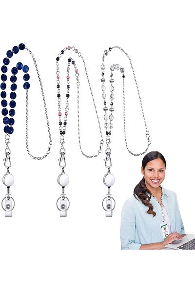 erorex 3 Pieces Id Badge Lanyard Necklace With Id Holder Clip Stainless Steel Beaded Chain Retractable