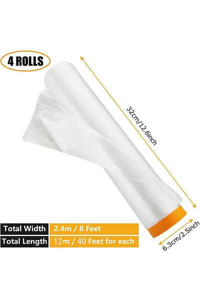 erorex 4 Rolls Plastic Dust Sheets For Decorating 12M X 240M Waterproof Masking Film Rolls Pre Taped