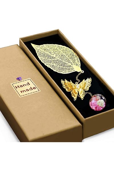 erorex Gift Bookmarks For Women Handmade 3D Butterfly And Dried Flower Bead Charms Pendant Metal Leaf Book