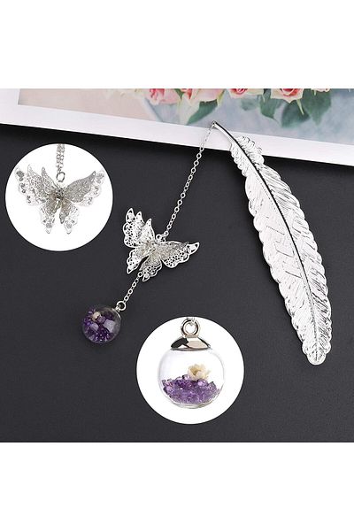 erorex Metal Feather Bookmark With Butterfly And Glass Beads Page Marker Eternal Elegant Dry Flower