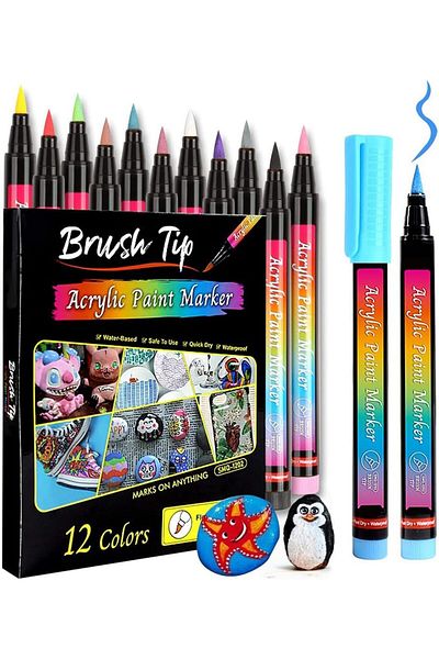 erorex Acrylic Paint Pens Brush Tip 12 Colors Acrylic Paint Pens Soft Brush Tip Calligraphy Art Markers