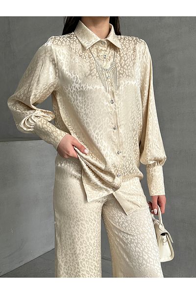 MD trend Women's Necklace Detailed Patterned Satin Oversize Shirt and Trousers Double Set
