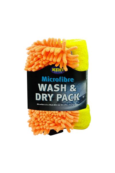 KENT Car Care Microfibre Wash & Dry Pack – Noodle Glove Mitt Orange & Drying Towel for Car Cleaning
