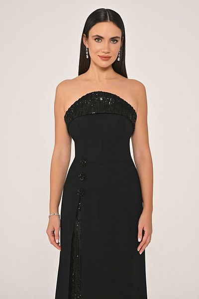 ALFABETA Alfa Beta Women Strapless Slit Sequined Crepe Long Evening Dress