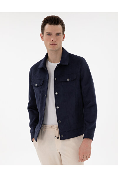 Pierre Cardin سترة من الجلد الصناعي بياقة قميص باللون الأزرق الداكن 50312346-200