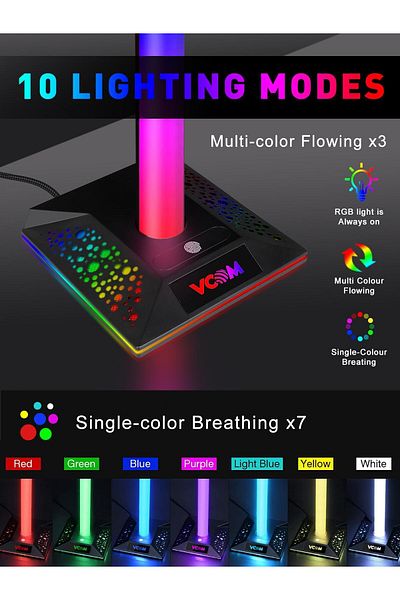 erorex حامل سماعة رأس RGB مع منفذين USB ومنفذ واحد من النوع C وحامل وحدة تحكم الألعاب مع 10 أوضاع إضاءة و