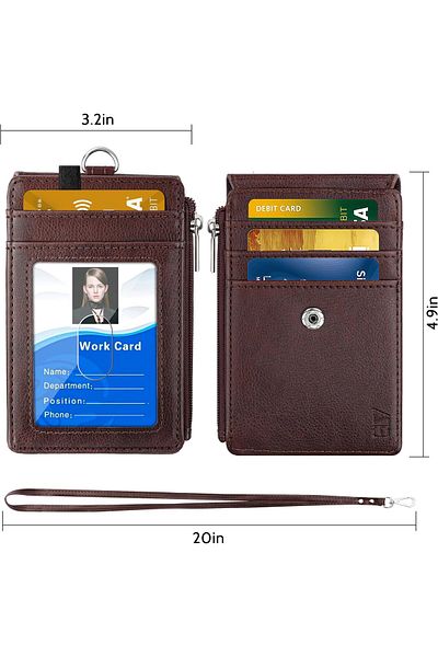 erorex Badge Holder With Zipper Pu Leather Id Badge Card Holder Wallet With 5 Card Slots 1 Side Rfid