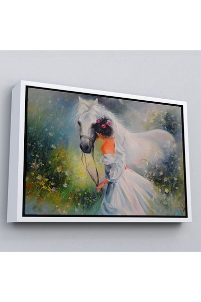 Harita Sepeti Cavalier alb și fata proprietară în cadru alb, vedere în ulei, pictură decorativă pe pânză