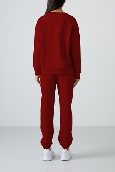 ruNadeS Claret Red 3 Thread Women's Tracksuit Set Crew Neck Bottom Top with Soft Fleece Inside