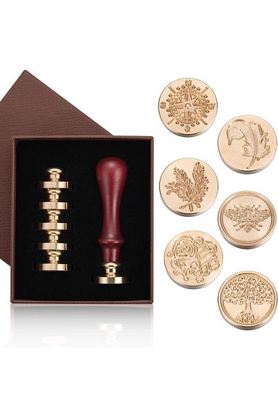 erorex Wax Seal Stamp Set 6 Vintage Sealing Wax Stamp Heads + 1 Wooden Handle For Wedding Invitations Card