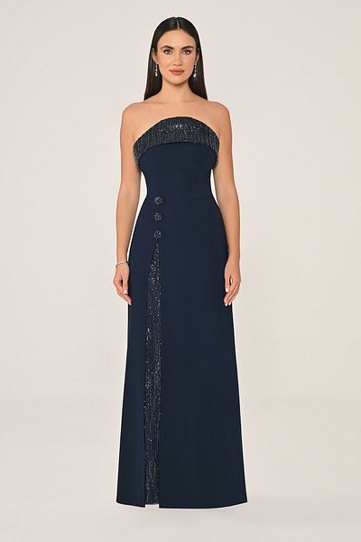 ALFABETA Alfa Beta Women Strapless Slit Sequined Crepe Long Evening Dress