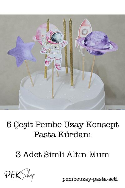 PEKSHOP Pink Space Concept Cake Ornaments Set Cake Candle and Cake Picks Decoration Set 8 Pieces