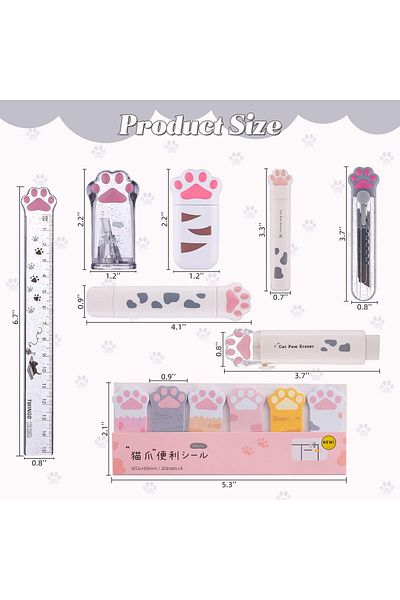 erorex 8 Pcs Cat Paw Stationery Set School Supplies Including Pencil Sharpener Retractable Eraser