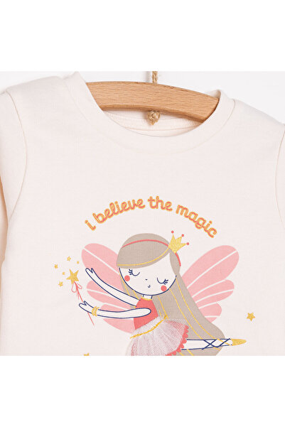 ebebek Hello Baby HelloBaby Kız Bebek Pijama Takım İnterlok Balerin Desen Bisiklet Yaka Uzun Kol Ekru