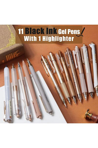 erorex 12Pack Pastel Gel Ink Pen Set 11 Pack Black Ink Pens With 1Pack Highlighter For Writing Retractable