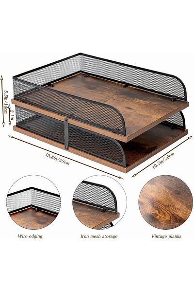 erorex Set Of 2 Vintage Wood And Metal Letter Tray，Desk Organizers Paper Tray，Office File Organizer Black