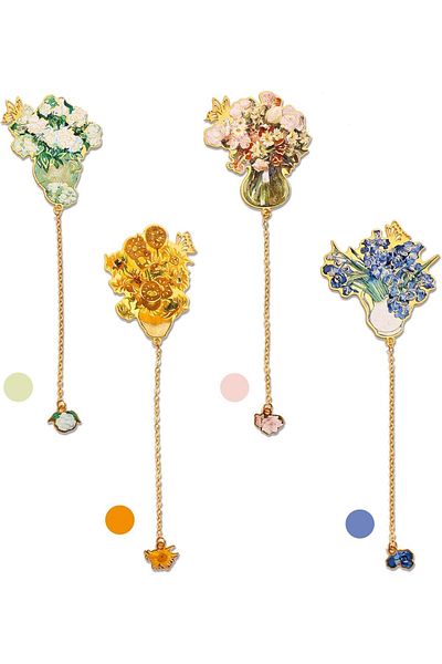 erorex 4Pcs Metal Bookmarks With Tassel Golden Hollow Bookmark Monet Van Gogh Oil Painting Theme Book Mark