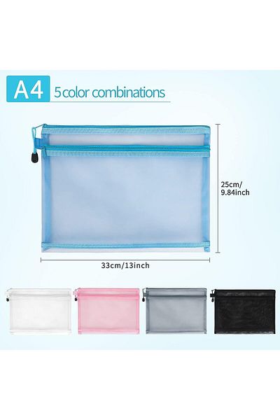 erorex Double Layers 5 Pack Mesh Zipper Pouch A4 Document Bag Plastic Zip Wallets Folder A4 Mesh File