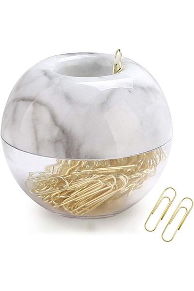 erorex Magnetic Paper Clip Holder Marble White Holder With Gold Paper Clips 100Pcs 28Mm 1.1 Inch For