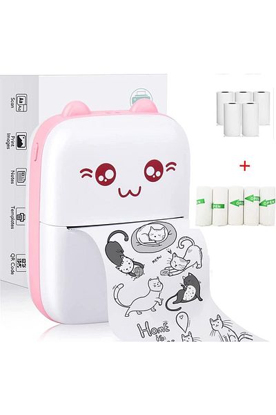 erorex Portable Bluetooth Thermal Printer With 5 Rolls Printing Paper For Ios Android Smartphone Pink