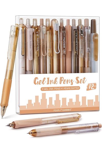 erorex 12Pack Pastel Gel Ink Pen Set 11 Pack Black Ink Pens With 1Pack Highlighter For Writing Retractable