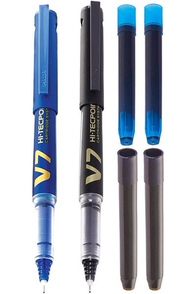 erorex V7 Hi Tecpoint Pen With Cartridge System 1 Blue 1 Black Pen 2 Blue Cartridges 2 Black Cartridges