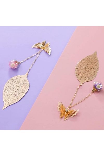 erorex Gift Bookmarks For Women Handmade 3D Butterfly And Dried Flower Bead Charms Pendant Metal Leaf Book