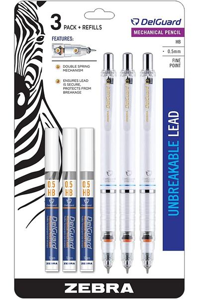 erorex Pen Delguard Mechanical Pencil Fine Point 0.5Mm White Barrel Lead Refills Refillable 3 Pack 58613