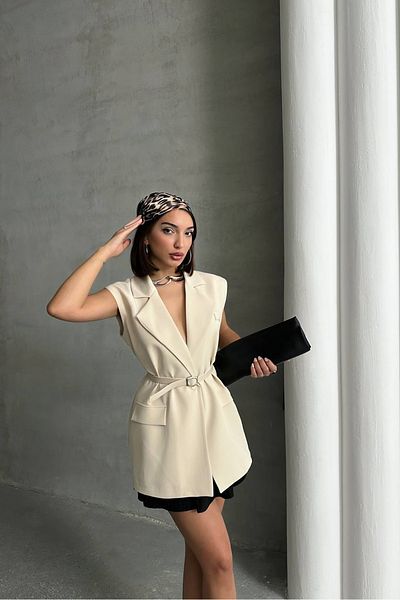 Neşeli Butik γυναικείο φαρδύ αμάνικο μπλέιζερ με ζώνη NBG076
