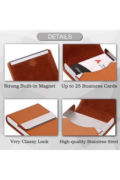 erorex Business Card Holder Case Brown Fashion Professional Pu Leather Business Card Carrier Luxury Metal