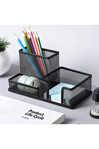erorex Mesh Desk Organizer Storage Baskets With Pencil Holder 3 Compartments Black