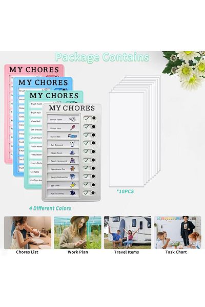 erorex 4Pcs Chore Chart For Kids My Chores Routine Chart Blank Plastic Checklist Board With 10 Detachable