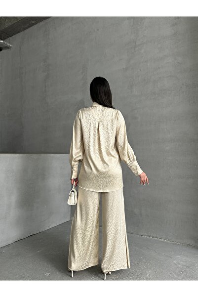 MD trend Women's Necklace Detailed Patterned Satin Oversize Shirt and Trousers Double Set