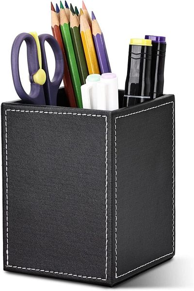 erorex Pu Leather Square Pen Holder Pencil Cups Desk Accessories Organizer Office Stationery Supplies