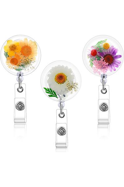erorex 3 Pcs Flower Id Badge Reel Retractable Holders Resin Id Card Badge Holder Reels Badge Clip Floral