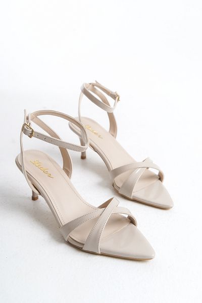 LDR Women's Beige Patent Leather Thin Heel Ankle Strap Pointed Open Toe Heeled Shoes