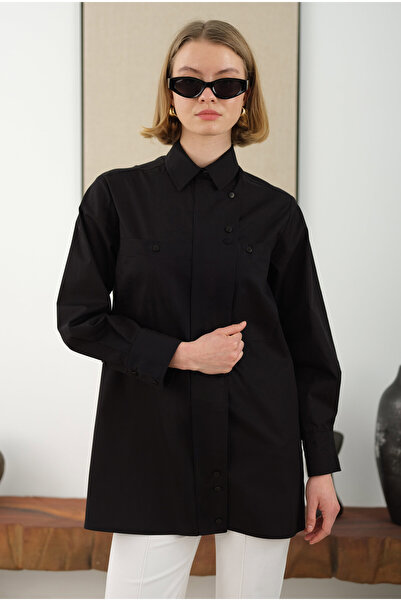 HEQA Asimetrik Patlı Gömlek Siyah