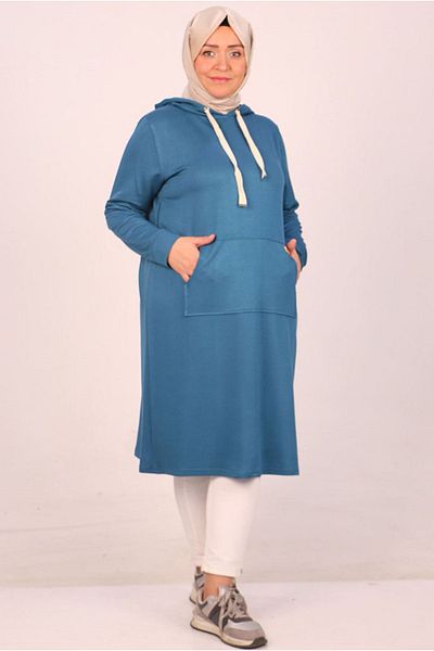 Moda Rosa 25K48006 - Indigo - Large Size Crystal Tunic with Kangaroo Pocket and Two Thread