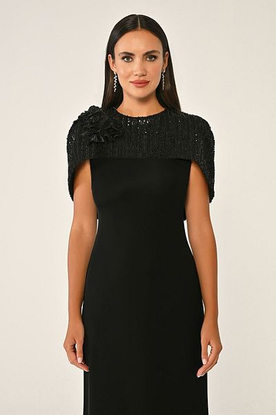 ALFABETA Alfa Beta Shoulder Flower Accessory Sequin Shawl Crepe Long Evening Dress