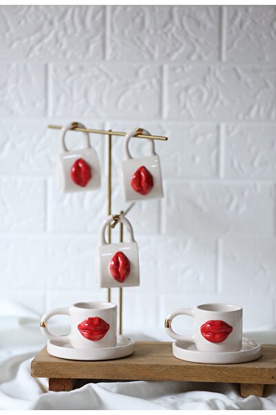 MERVEOKTAYSERAMİK 2'li Dudak Desenli El Yapımı 24K Altın Detaylı Seramik Türk...