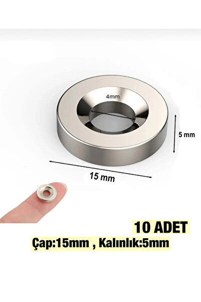 AYMAGNET 10 Adet - Yuvarlak Neodyum Mıknatıs, 15X5 Mm, Havşa Delikli, Güçlü M...